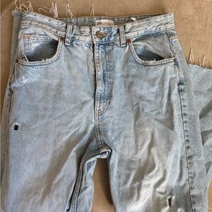 Zara Light Blue Distressed Straight-Leg Jeans